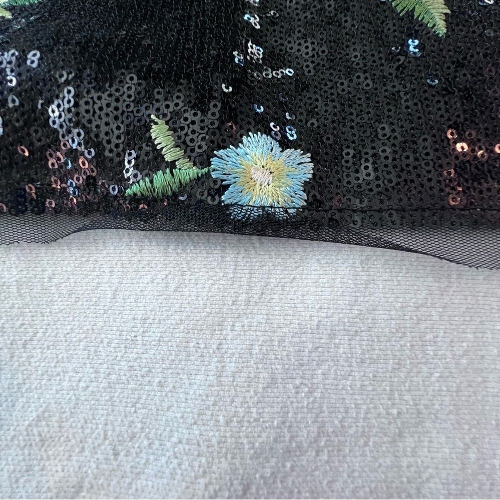 ZARA BLACK SEQUINED SHIFT MINI DRESS MULTICOLORED FLORAL EMBROIDERY WOMEN SIZE M - Picture 13 of 13